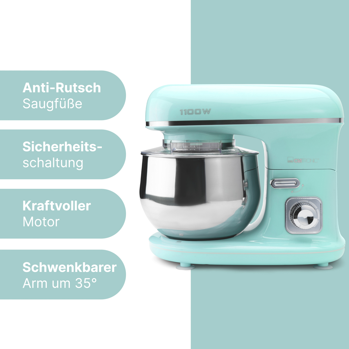 Niebieski mikser stojący z misą ze stali nierdzewnej i etykietami tekstowymi. Ma mocny silnik i wyłącznik bezpieczeństwa.