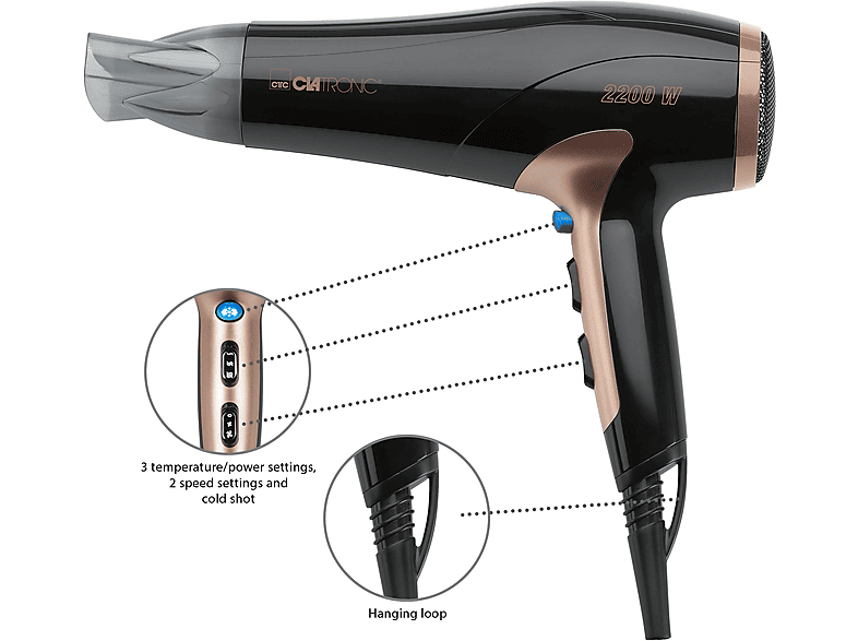 Secador de pelo CLATRONIC HT3661 Secador de Pelo Profesional I nico 3 Niveles Temperatura 2 Niveles Velocidad Boquilla 360 2200 W 2 niveles