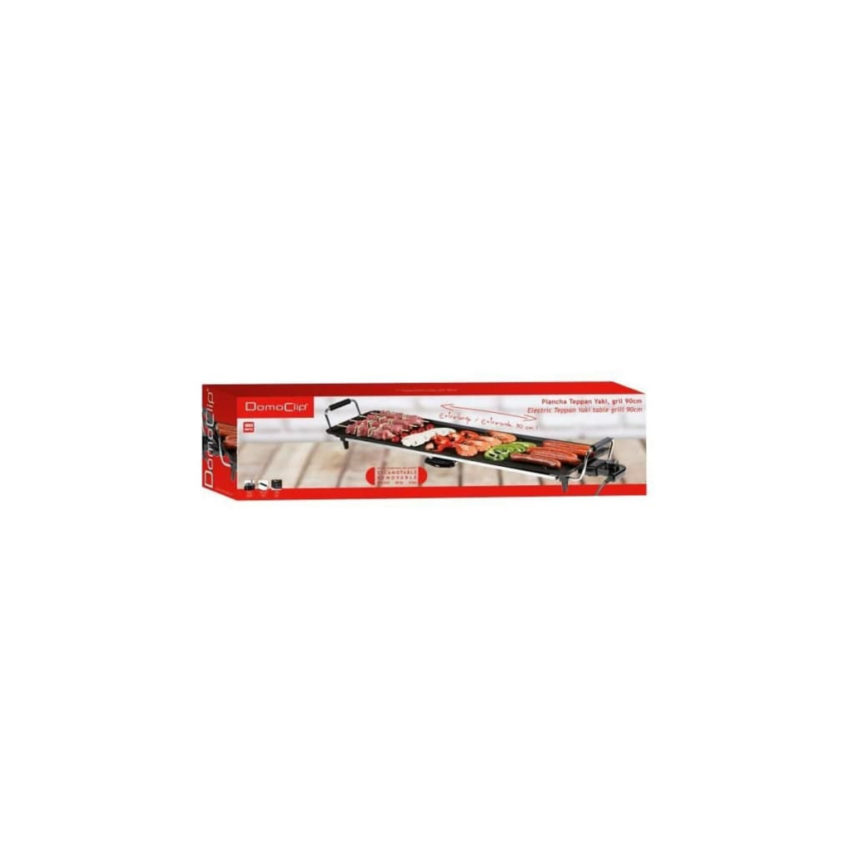 Scatola con l'immagine di una griglia. La griglia ha del cibo sopra. La scatola è bianca e rossa.