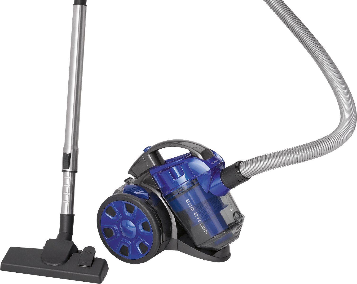 Niebiesko-szary odkurzacz z wężem i szczotką na czarnym tle.