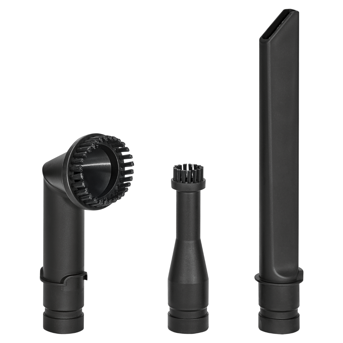 Trzy czarne nasadki do odkurzacza. Jedna kątowa, jedna mała i jedna długa.