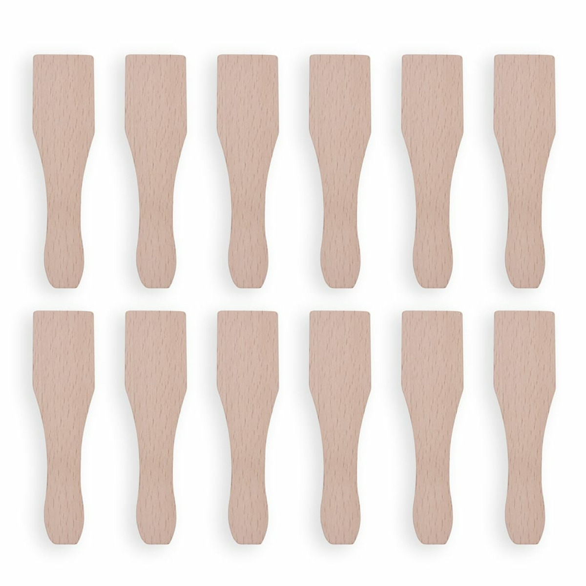 Drewniane szpatułki ułożone na białym tle. Widocznych dwanaście szpatułek, wszystkie zwrócone w tym samym kierunku.