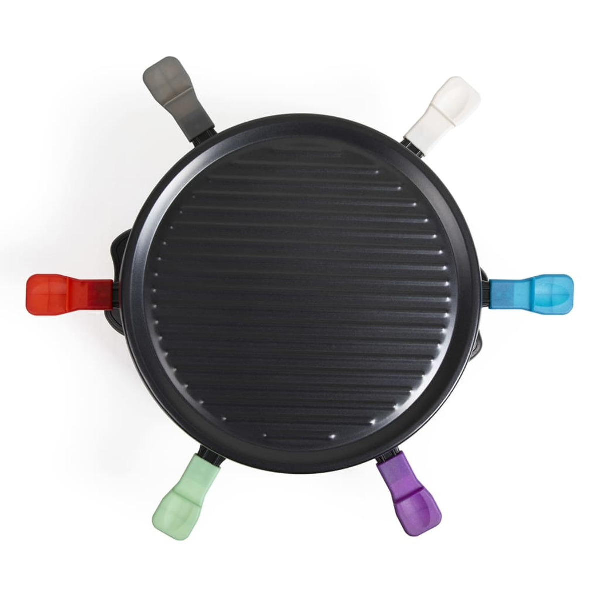 Czarny grill do raclette z okrągłą powierzchnią do gotowania i uchwytami w różnych kolorach.
