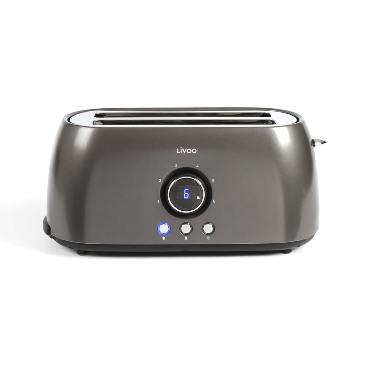 Ein grauer Toaster auf weißem Hintergrund. Er hat eine Digitalanzeige und drei Knöpfe.