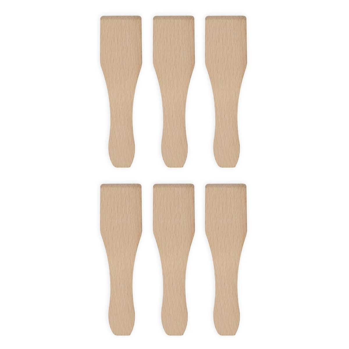 Sześć drewnianych szpatułek ułożonych w dwóch rzędach na białym tle.
