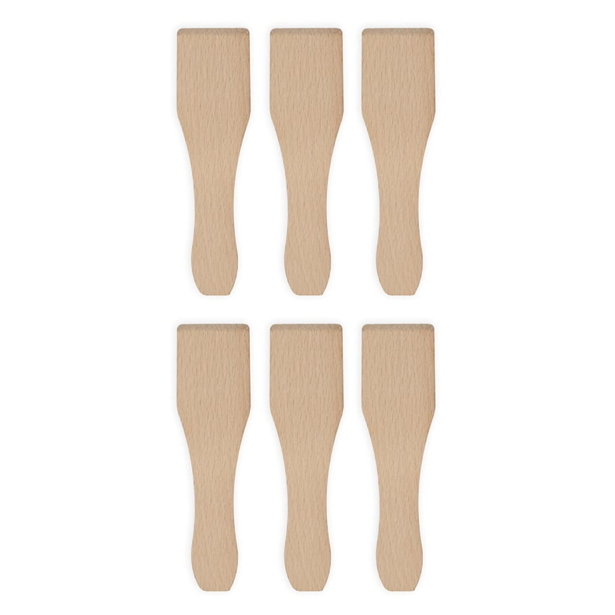 Sześć drewnianych szpatułek na białym tle. Są jasnobrązowe w kształcie łopatki.