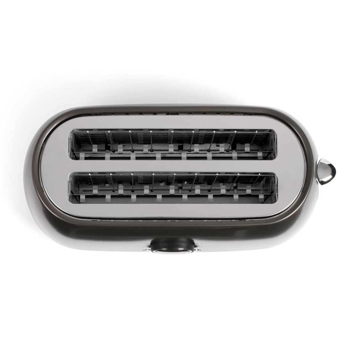 Draufsicht auf einen schwarzen und silbernen Zwei-Schlitz-Toaster mit Drehknopf.