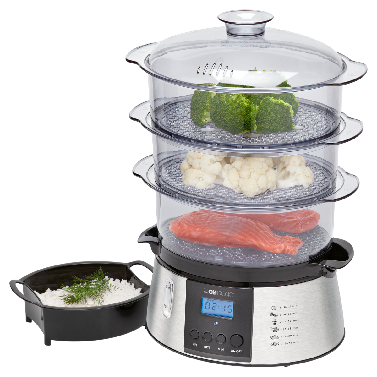 Parowar z trzema poziomami, zawierający brokuły, kalafior i łososia.