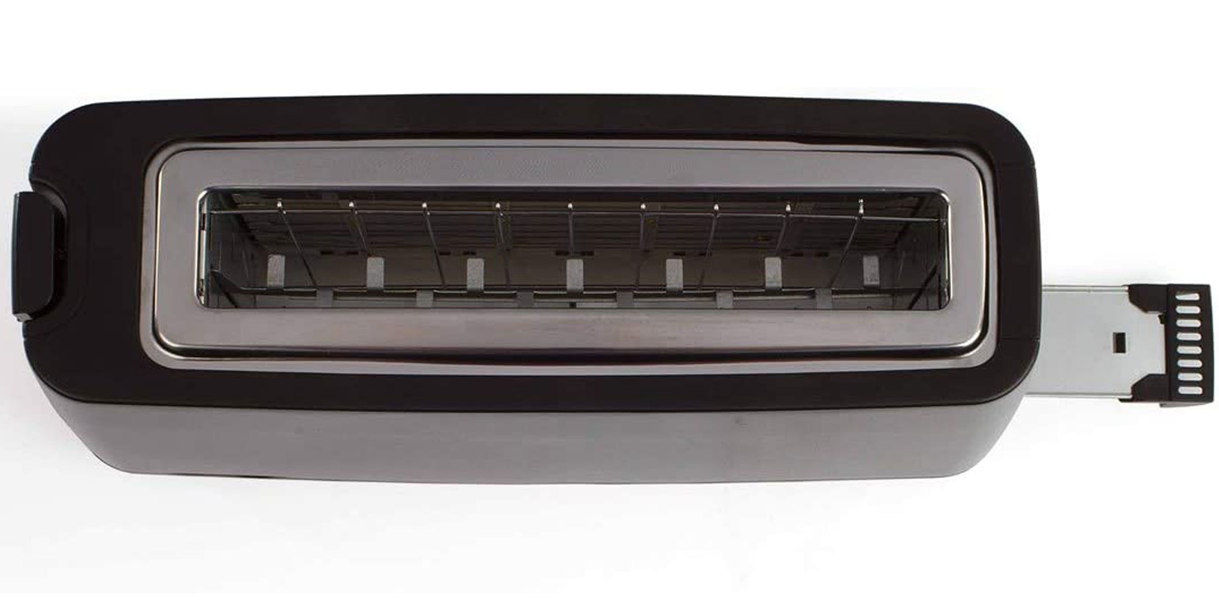 Widok z góry na toster, pokazujący szczeliny i tackę na okruchy.