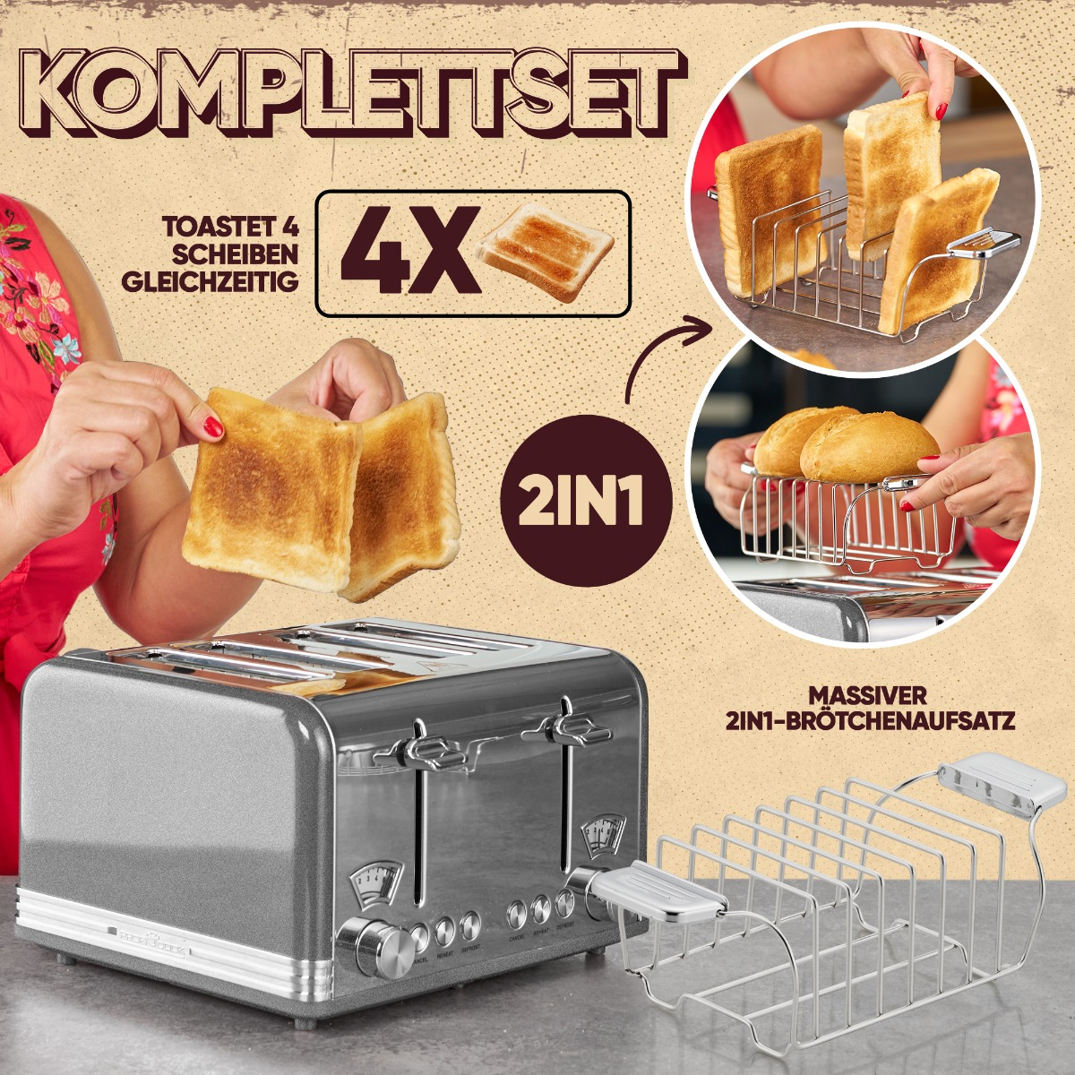 4) PROFICOOK Schlitze: (1630 PC-TA 1194 Toaster Grau Watt,