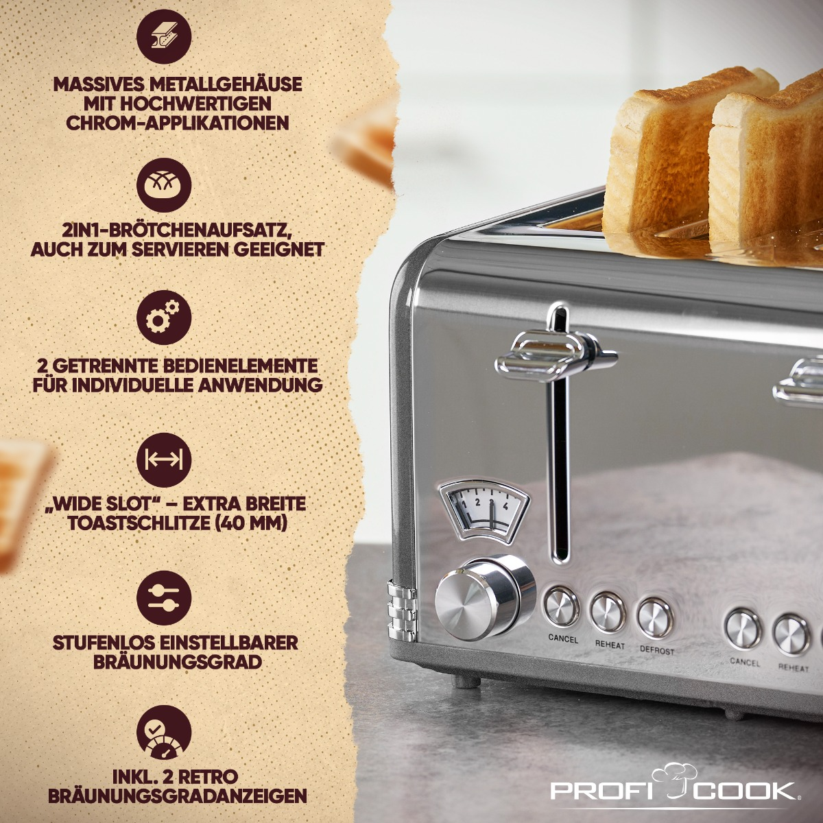 PROFICOOK PC-TA 1194 Toaster 4) Watt, (1630 Schlitze: Grau