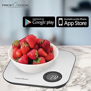 Balanza de cocina - PROFICOOK KW 11158, Báscula de Cocina Inteligente Bluetooth con App, Precisión 1g, Hasta 5 kg, Acero Inoxidabl, 5 kg, Plata
