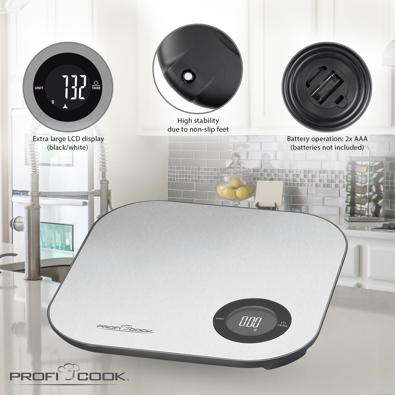 Balanza de cocina digital con pantalla LCD extragrande y pies antideslizantes.