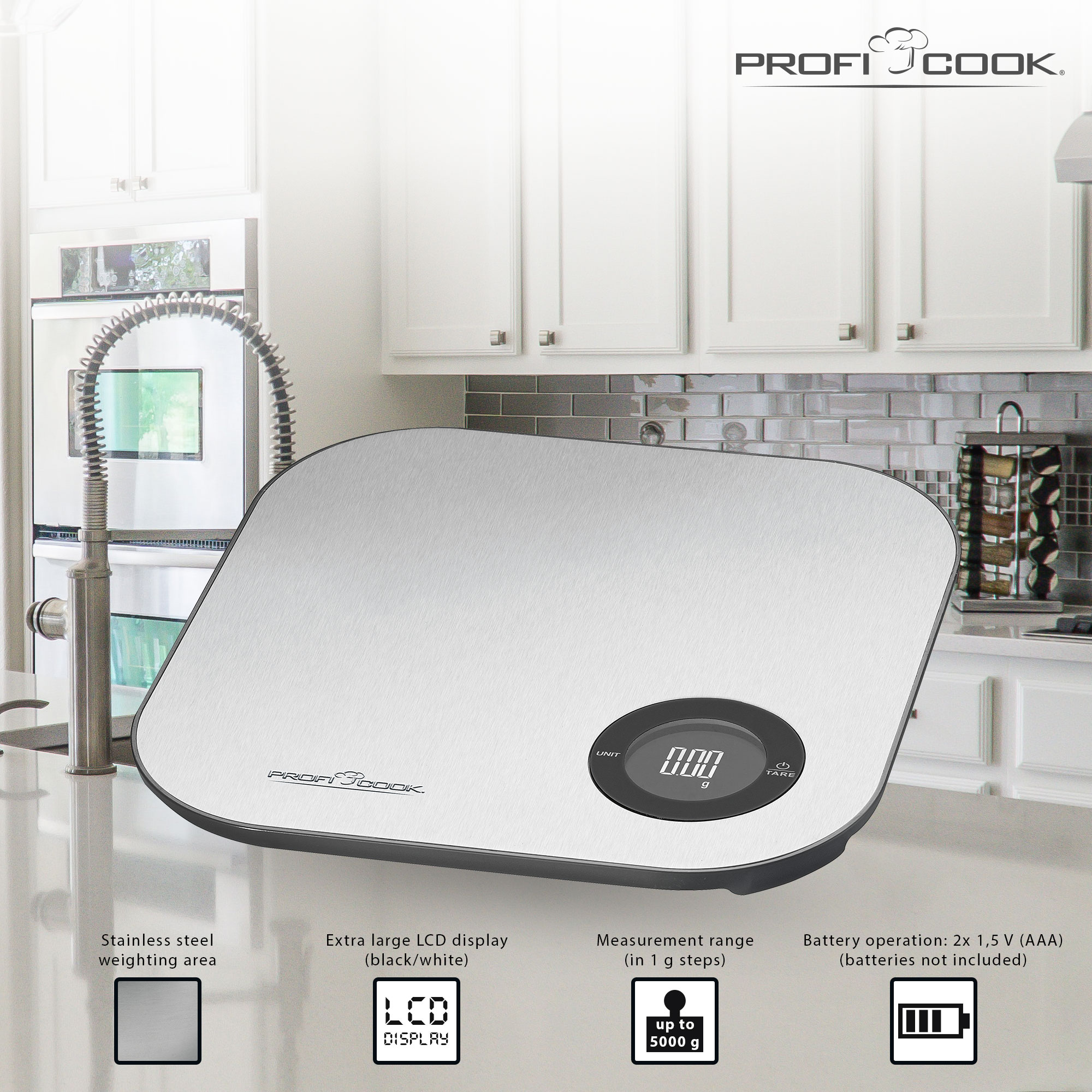 Báscula de cocina plateada con pantalla LCD e iconos.