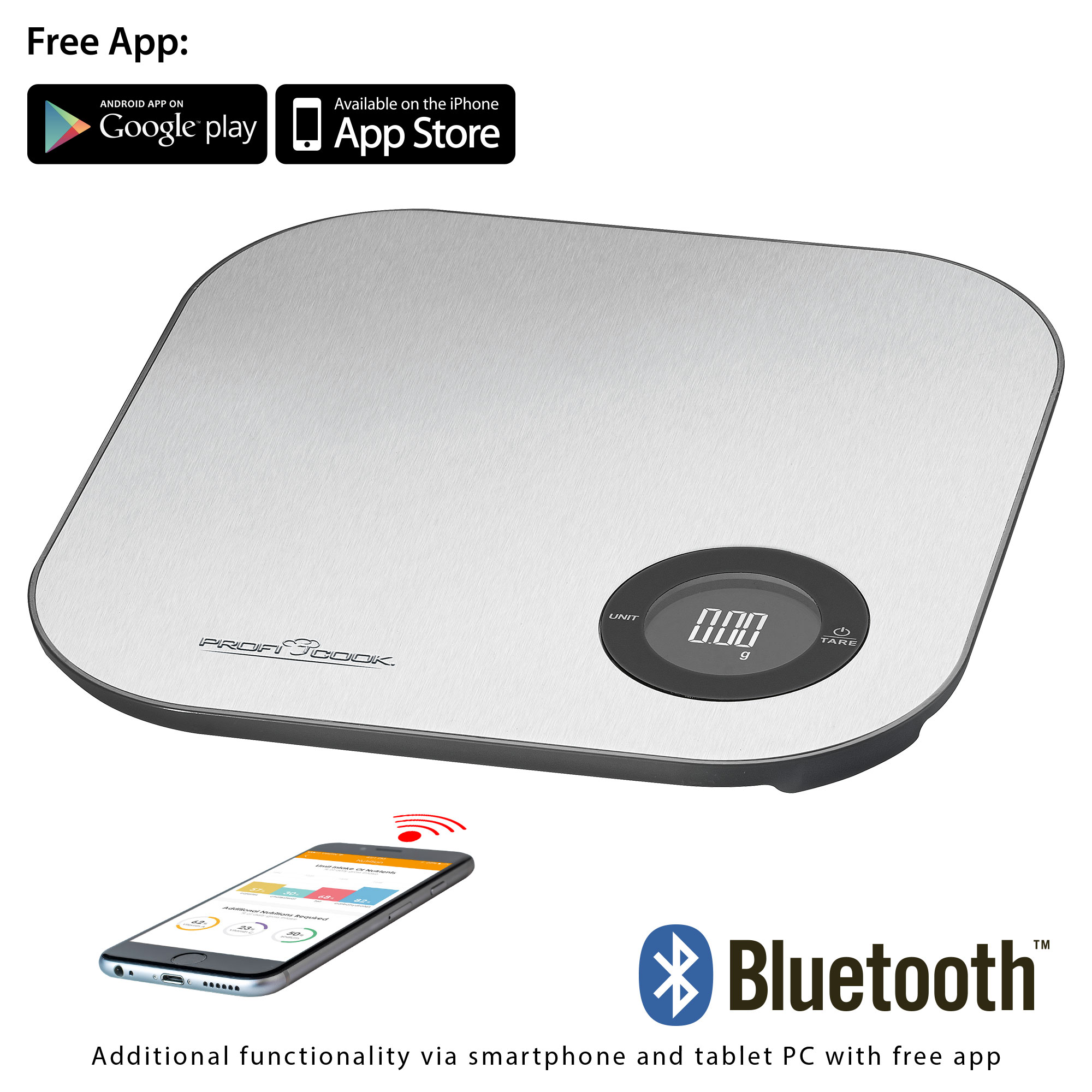 Báscula digital plateada. Smartphone muestra app de peso. Logotipo Bluetooth.
