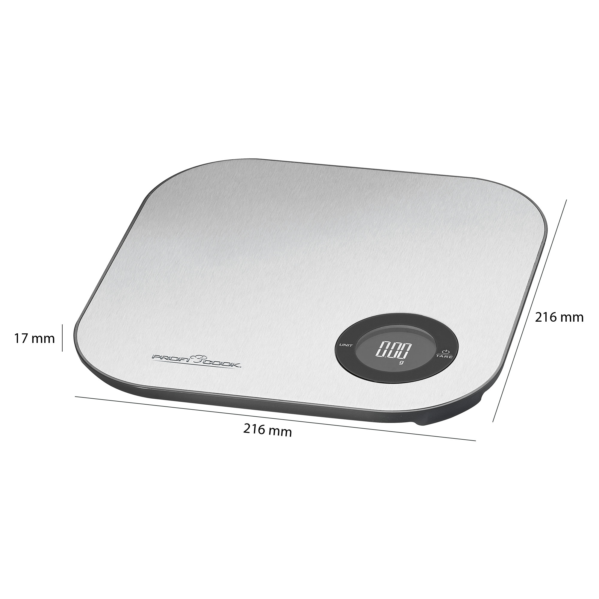 Una báscula de cocina digital cuadrada plateada con dimensiones.