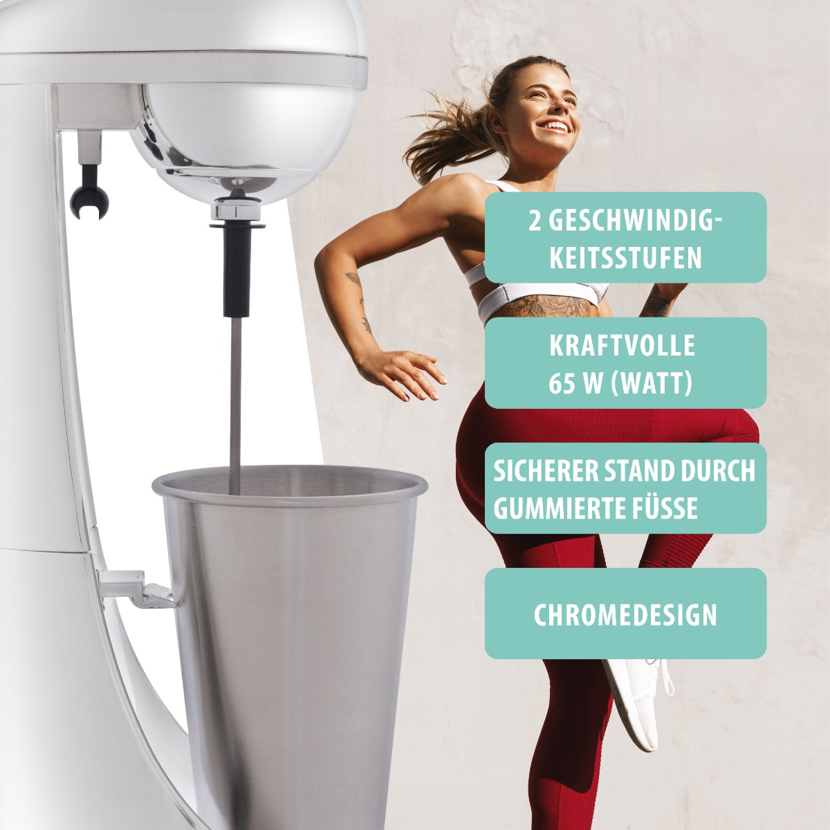 Eine Frau tanzt neben einem weißen Milchshake-Mixer und Textbeschriftungen.