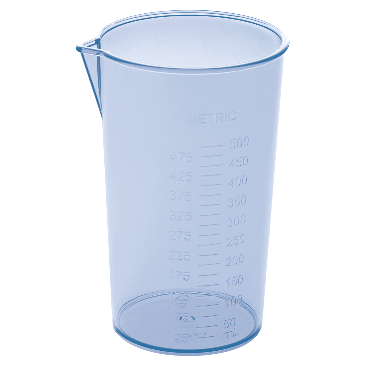Przezroczysty niebieski zlew miarowy z oznaczeniami metrycznymi i dzióbkiem.