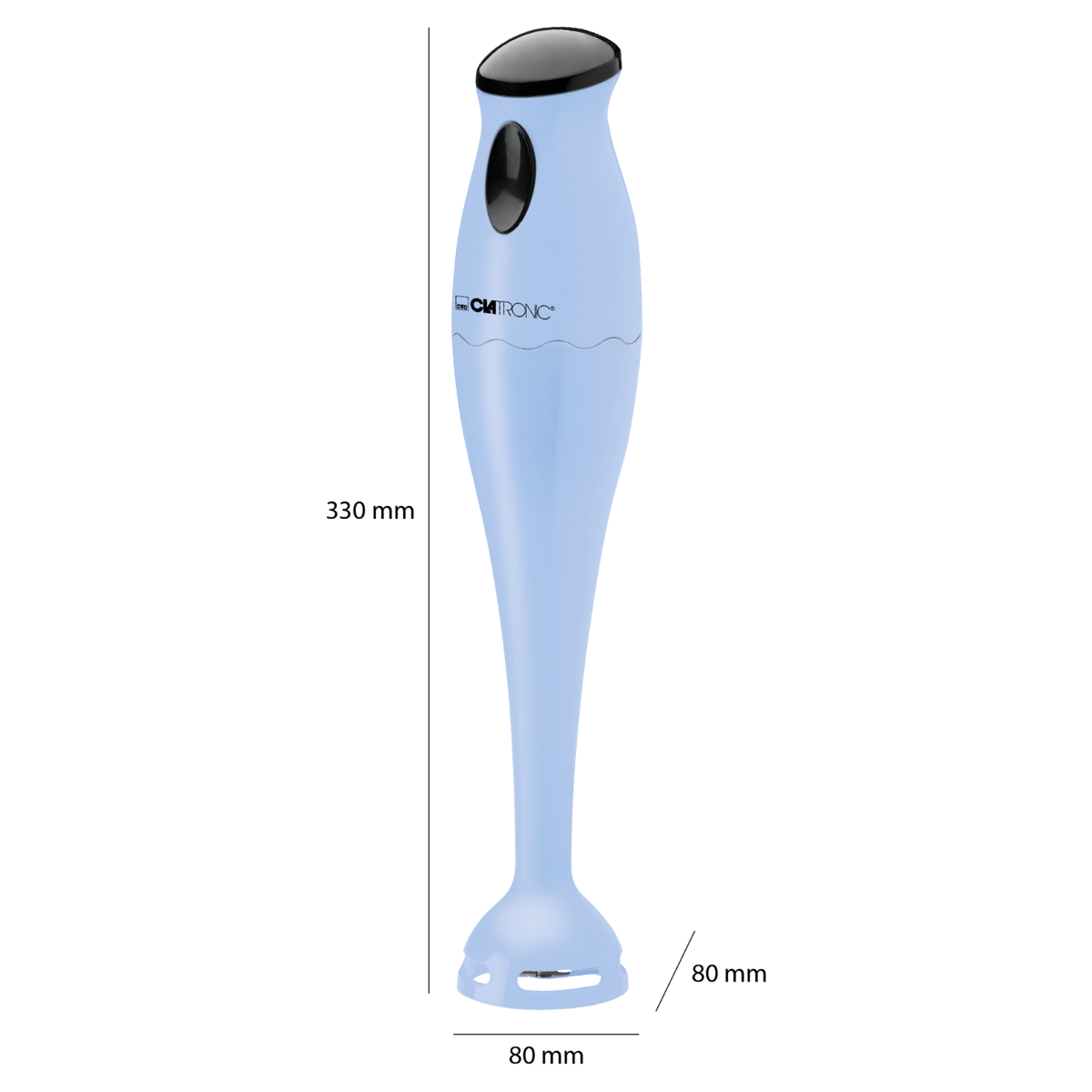 Jasnoniebieski blender ręczny na czarnym tle. Na obrazie znajdują się miary i wymiary.