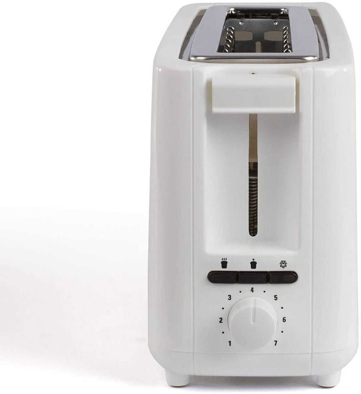 Weißer Toaster mit Drehknopf und Tasten, zwei Schlitzen und einem silbernen Hebel.