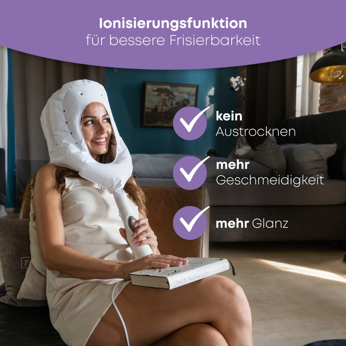 Kobieta z suszarką do włosów, ze znacznikami: 'Brak wysuszania', 'Większa gładkość', 'Większy połysk'.