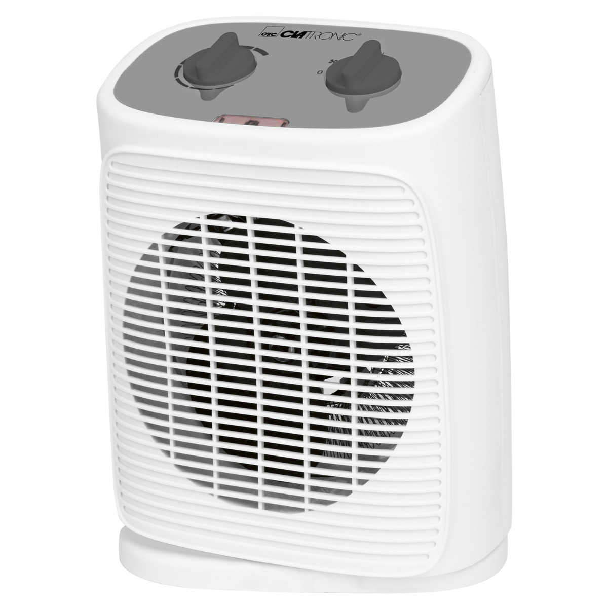 Biały grzejnik elektryczny z kratką i dwoma pokrętłami u góry.