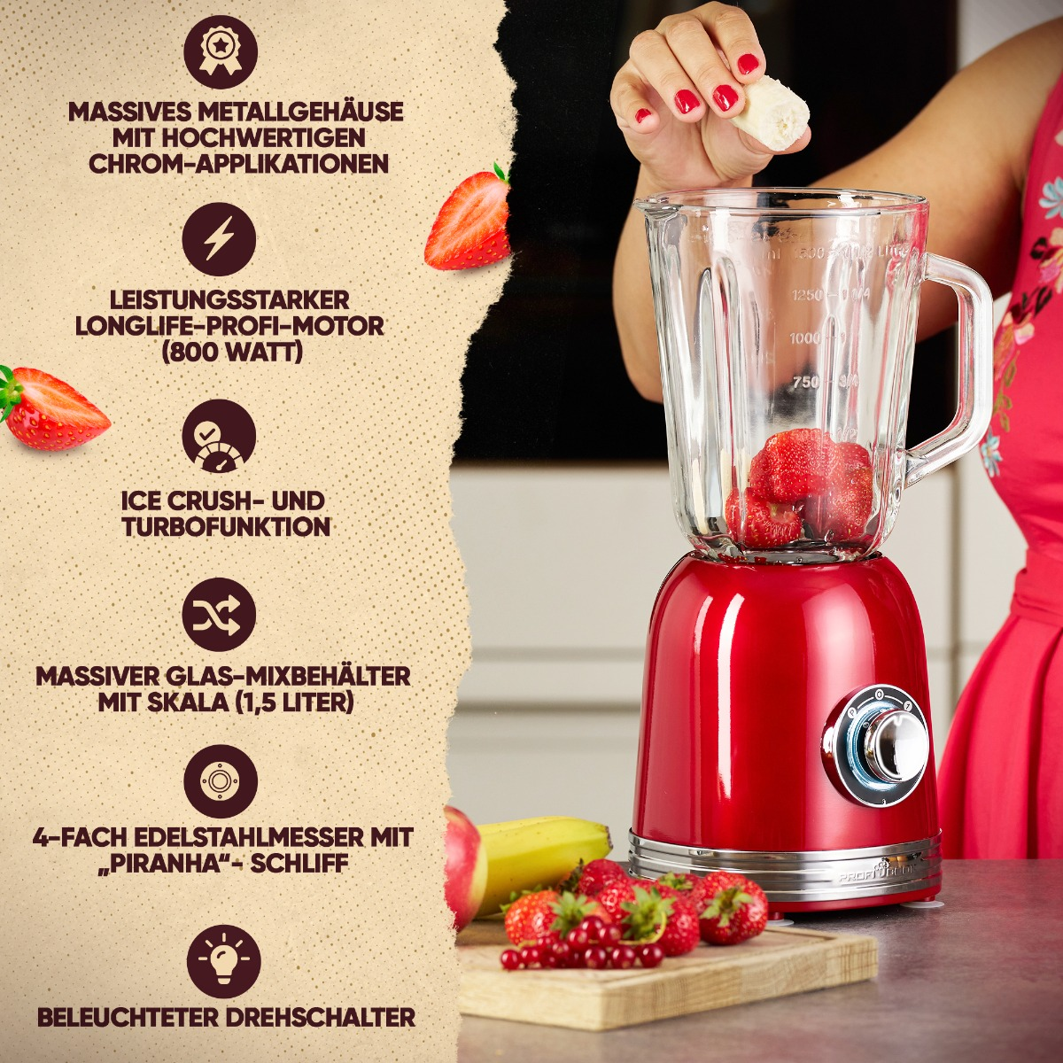 Una licuadora roja con fresas y otras frutas. Una mano agrega un trozo blanco. Texto en el lateral.