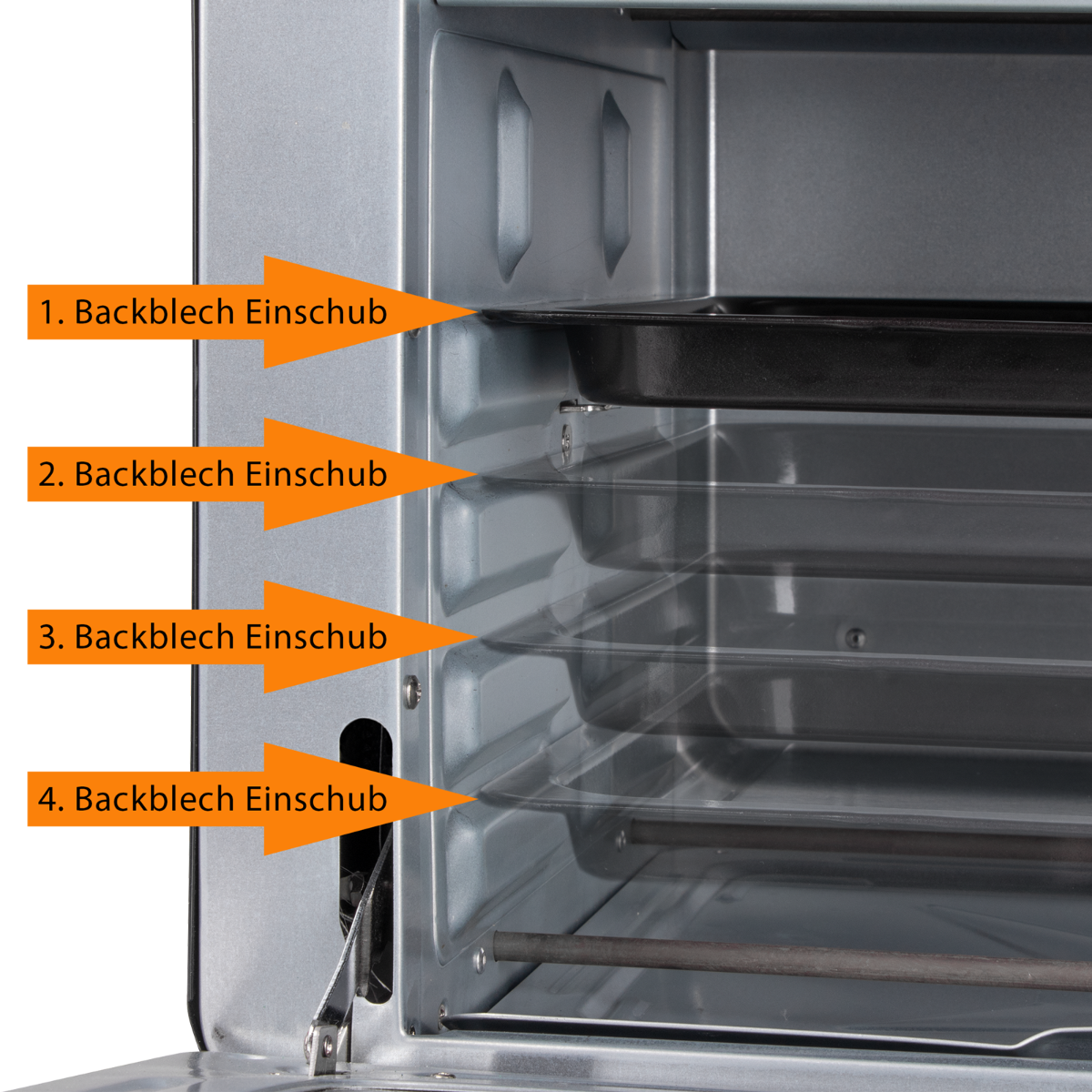 Interno di un forno con più livelli. Frecce indicano le posizioni dei ripiani, numerati da 1 a 4.