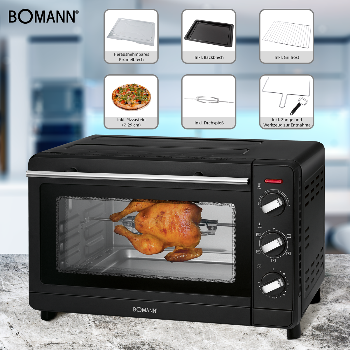 Un forno nero con un pollo allo spiedo, con etichette per accessori e impostazioni.