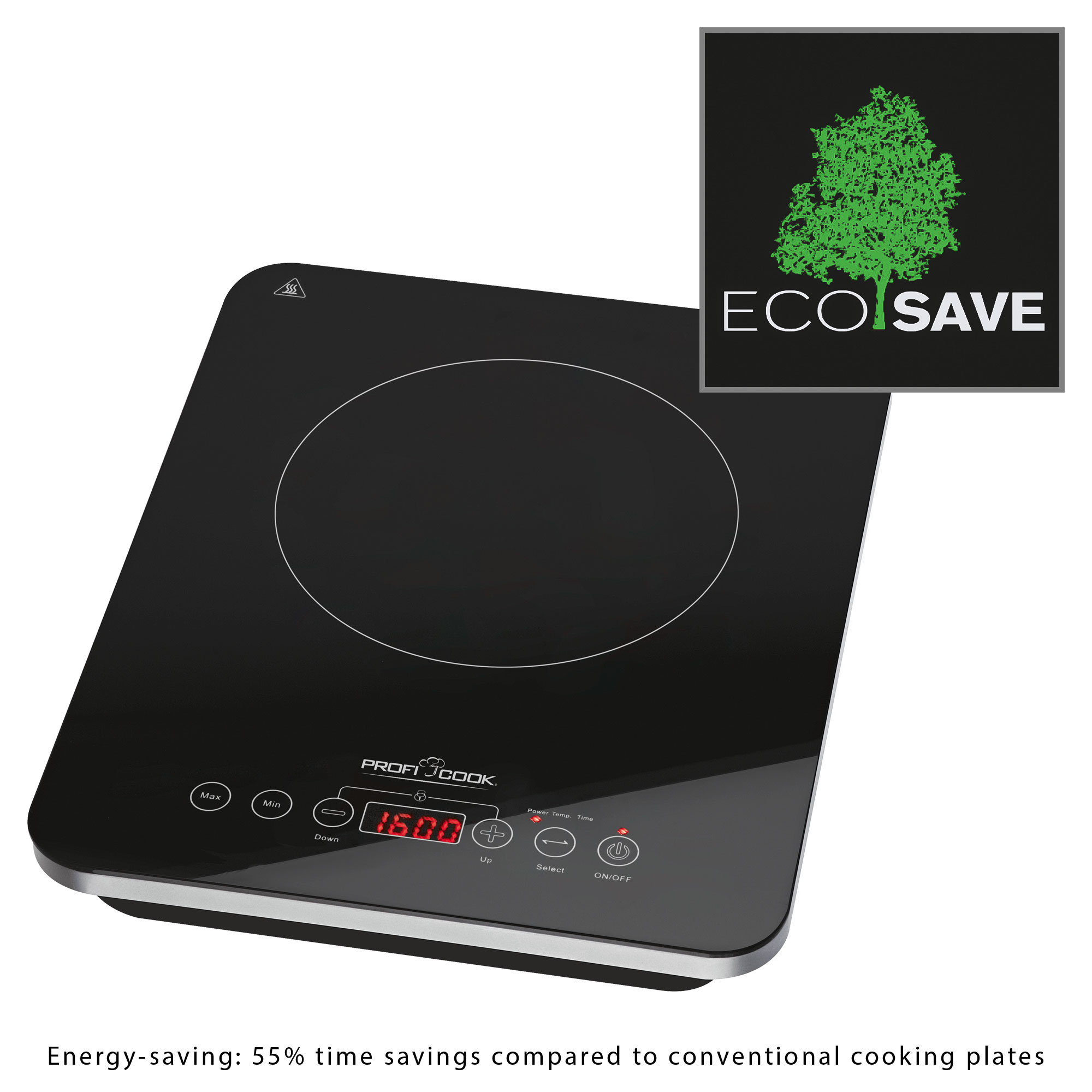 Czarna płyta indukcyjna z wyświetlaczem, przyciskami i logo eco-save.