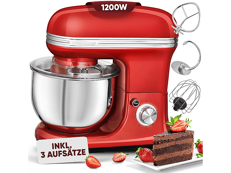 PROFICOOK PC-KM 1197 Küchenmaschine Rot (Rührschüsselkapazität: 5 l, 1200 Watt)