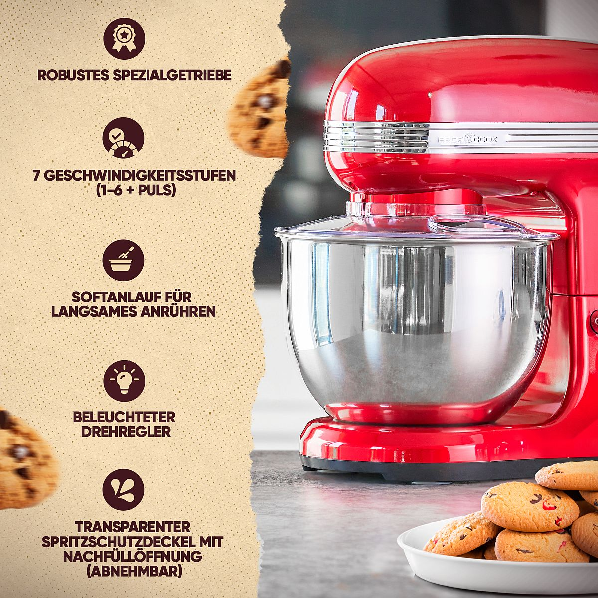 Czerwony mikser z ciastkami. Osłona przeciwbryzgowa i panel sterowania.