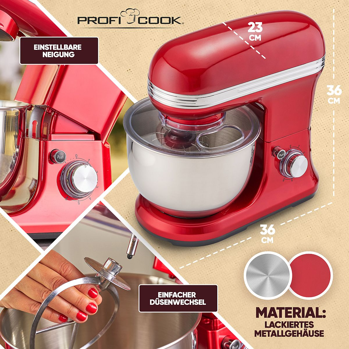 Czerwony mikser stojący z wymiarami. Ręka trzyma trzepaczkę. Widoczny tekst.