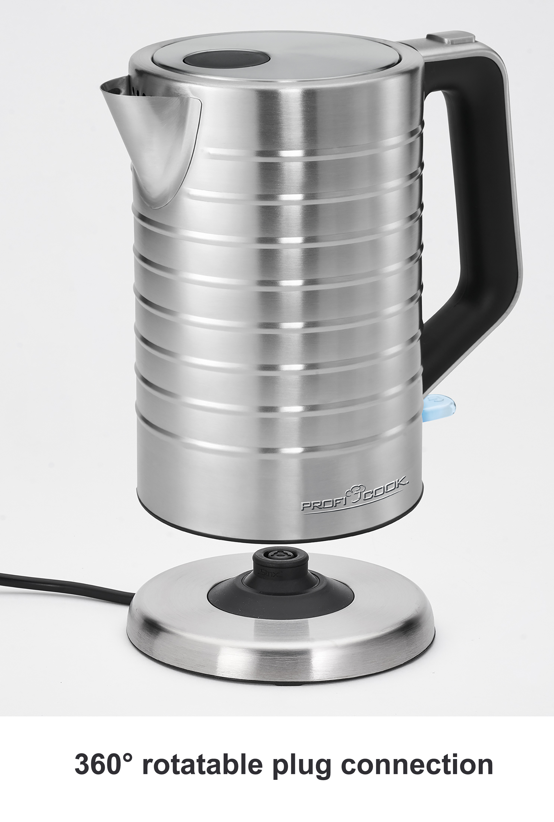 Czajnik elektryczny ze stali nierdzewnej z czarnym uchwytem i obrotowym połączeniem wtykowym.
