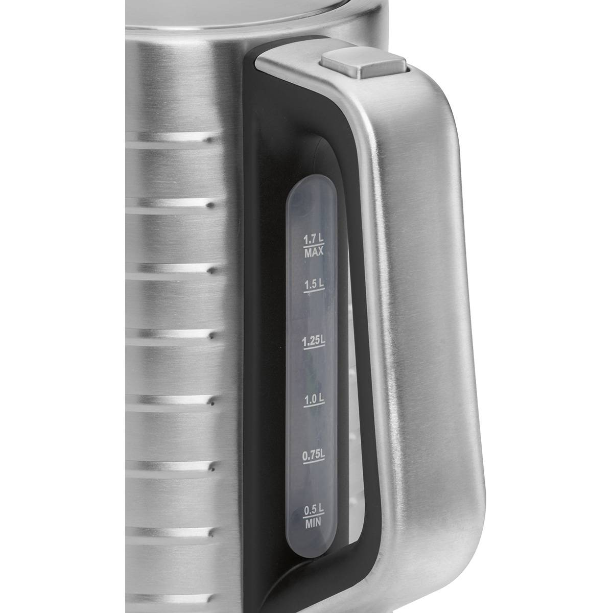 Zbliżenie uchwytu czajnika ze stali nierdzewnej ze wskaźnikami poziomu wody.