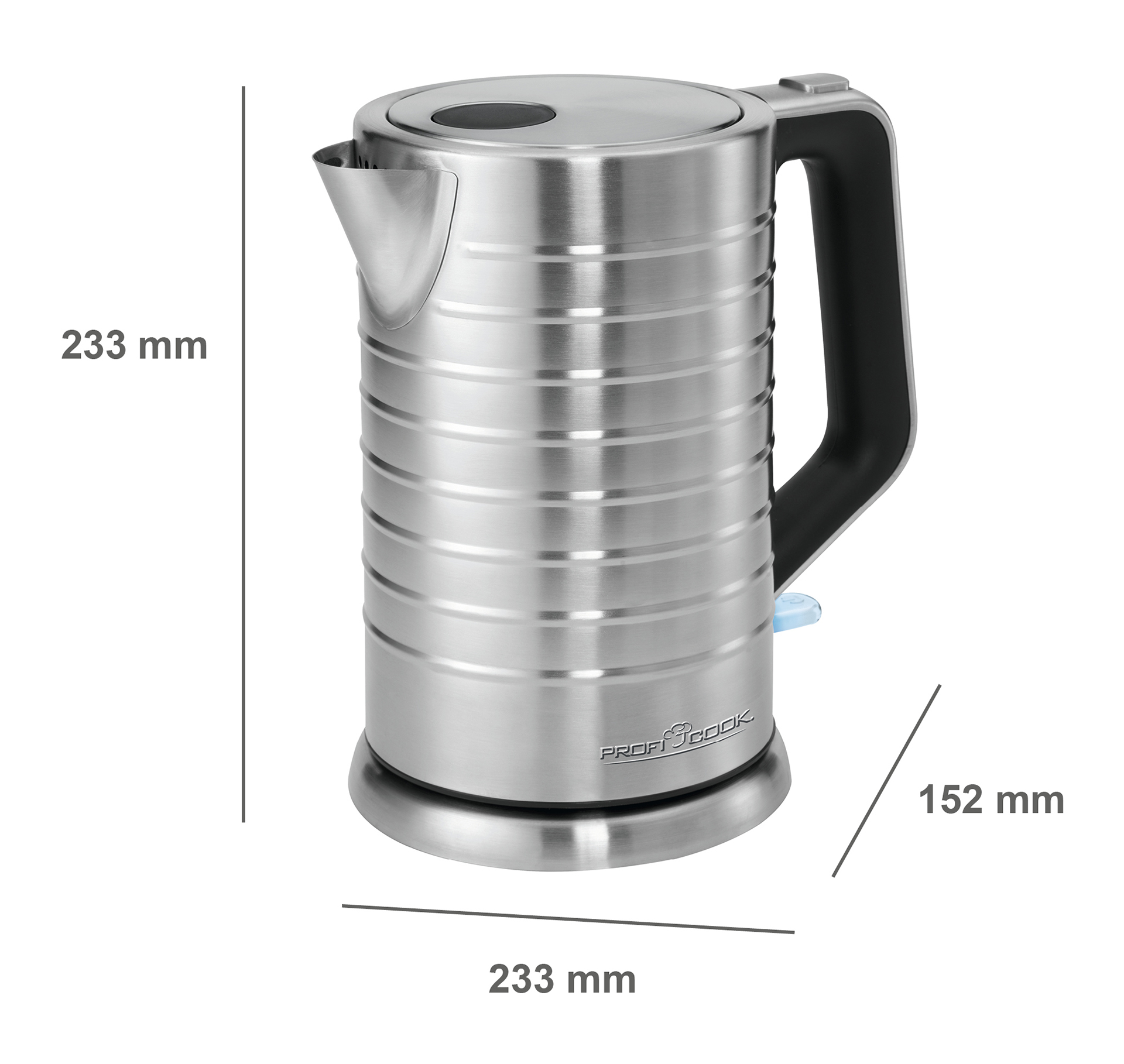 Czajnik ze stali nierdzewnej z wymiarami: 233mm wysokości, 233mm podstawy i 152mm szerokości.