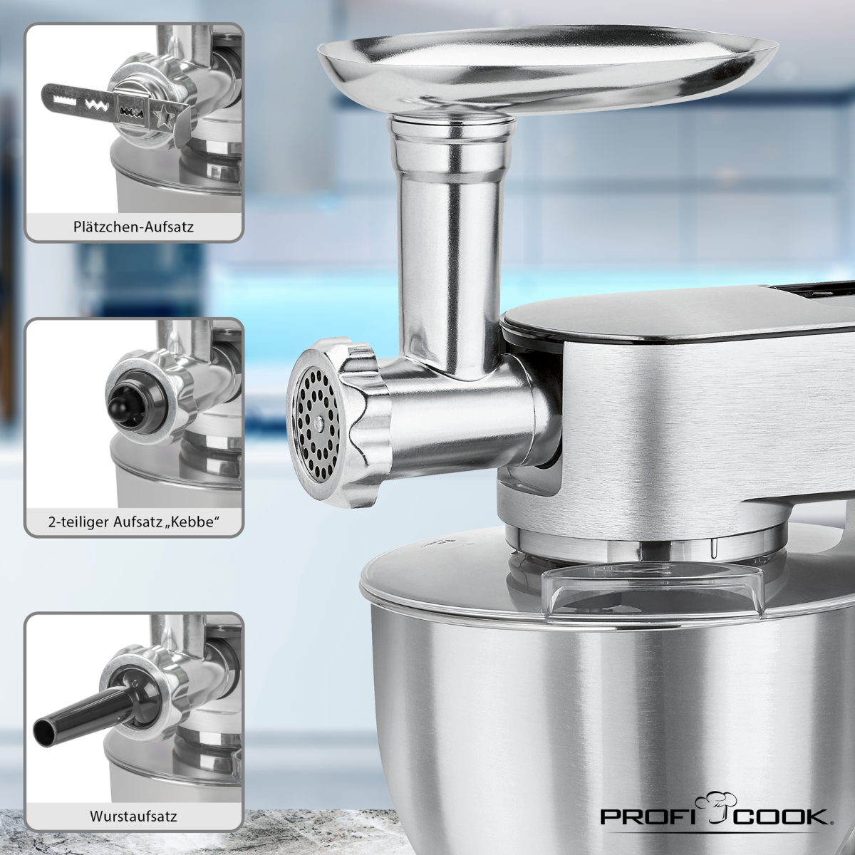 Robot kuchenny ze stali nierdzewnej z nasadkami, zbliżenie, z tekstem w ramkach.