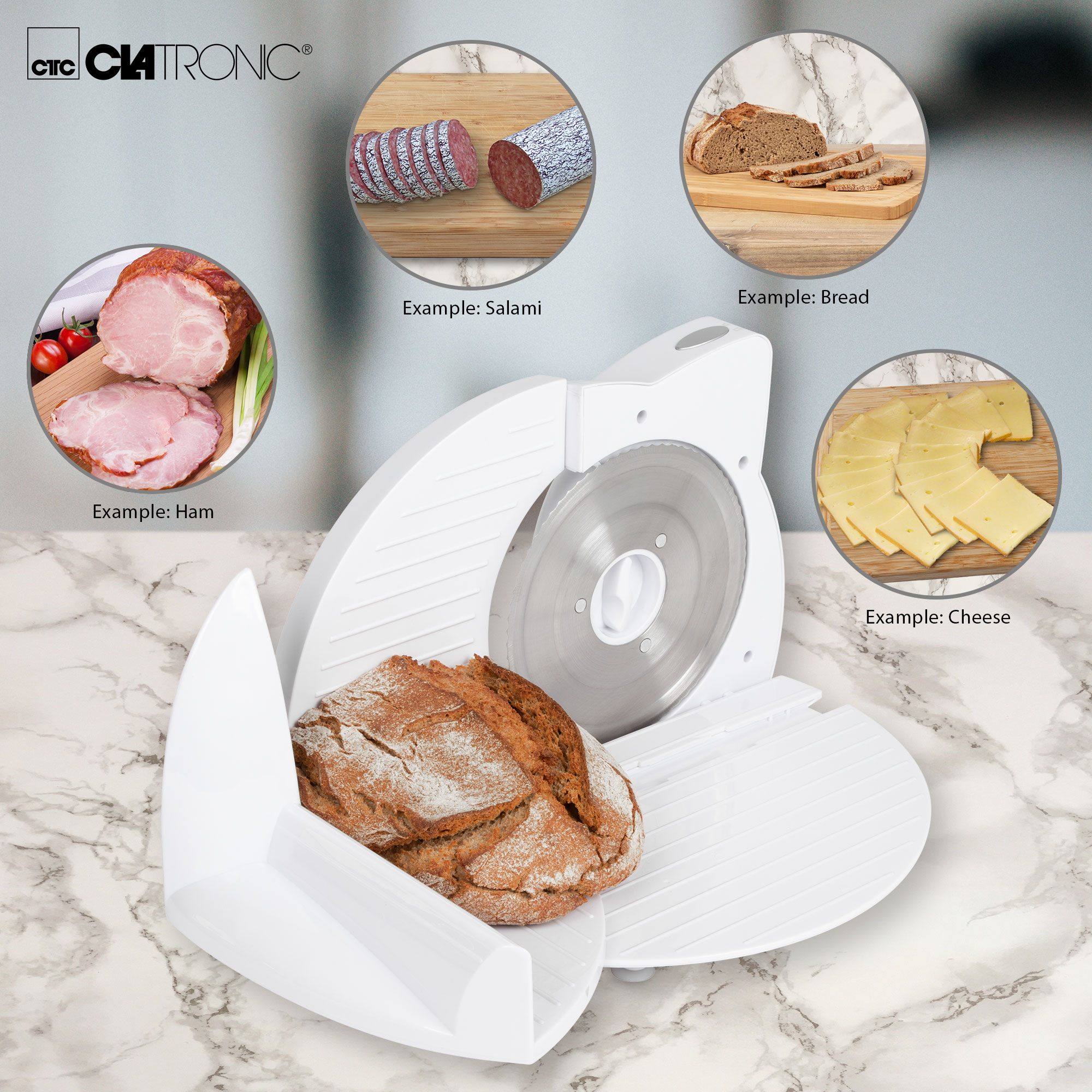 Biała elektryczna krajalnica z przykładami krojonego salami, chleba, szynki i sera.