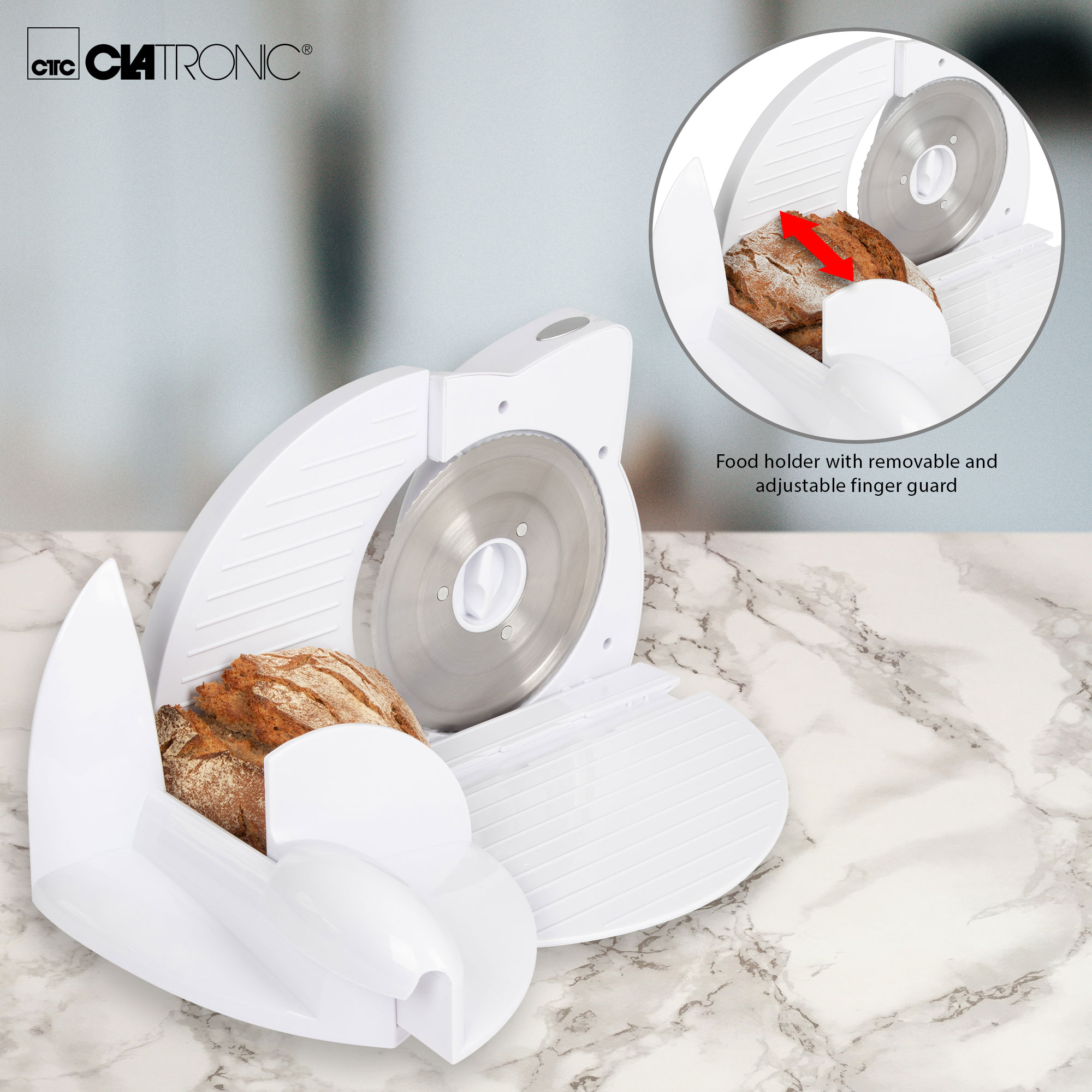 Biała krajalnica do chleba z chlebem i ostrzem, z uchwytem na żywność i osłoną palców.