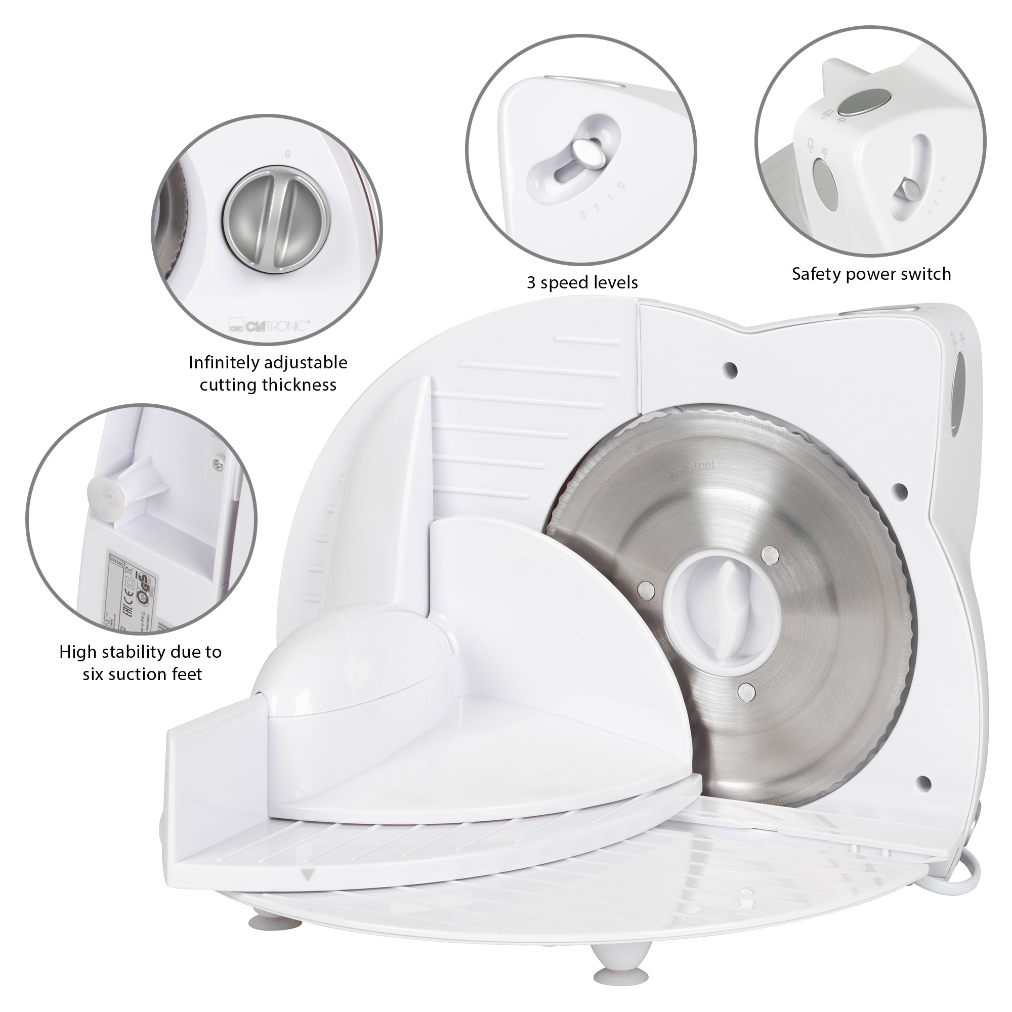 Biała elektryczna krajalnica do żywności z regulowanym ostrzem, ustawieniami prędkości i wyłącznikiem bezpieczeństwa.