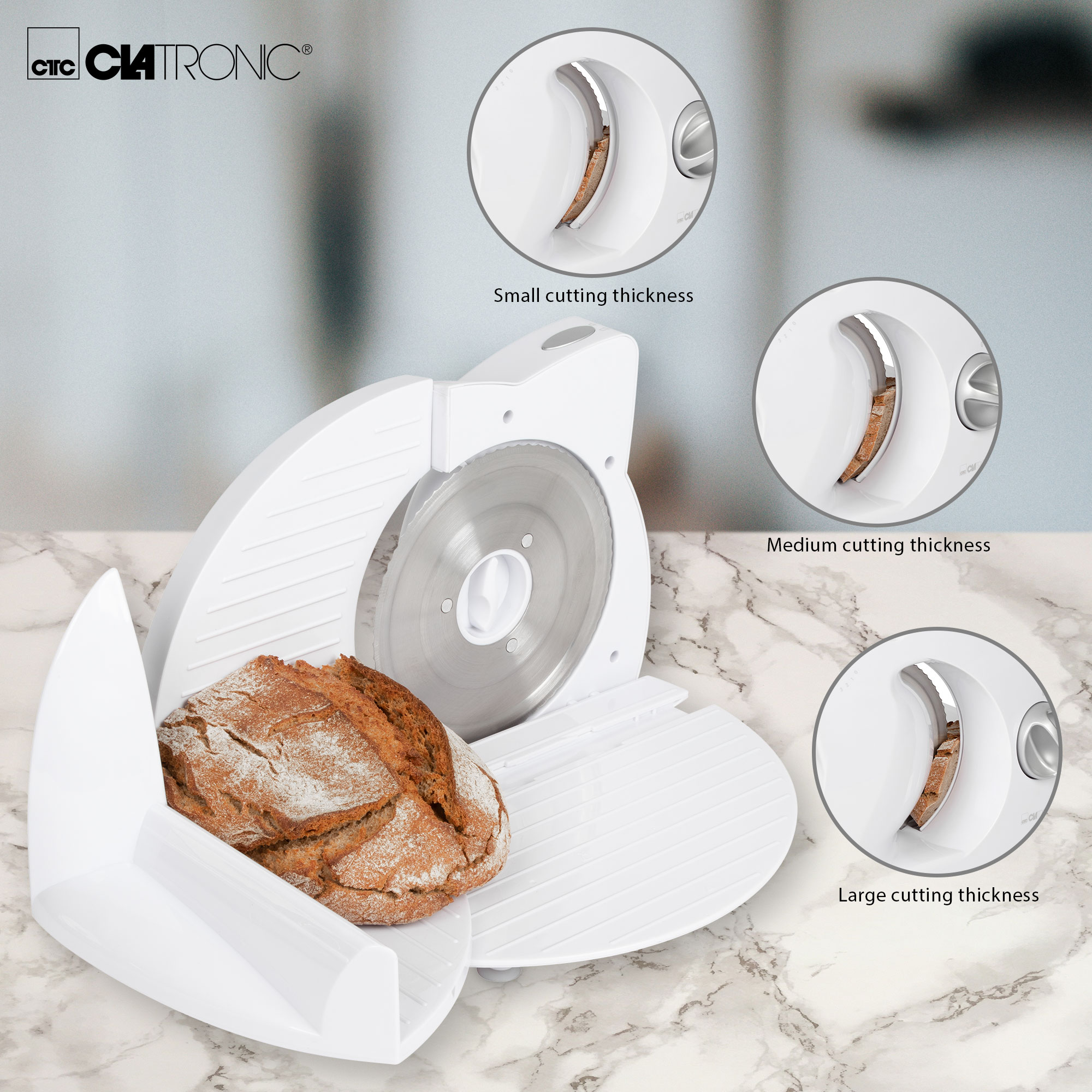 Biała krajalnica do chleba z chlebem i trzema opcjami grubości cięcia.