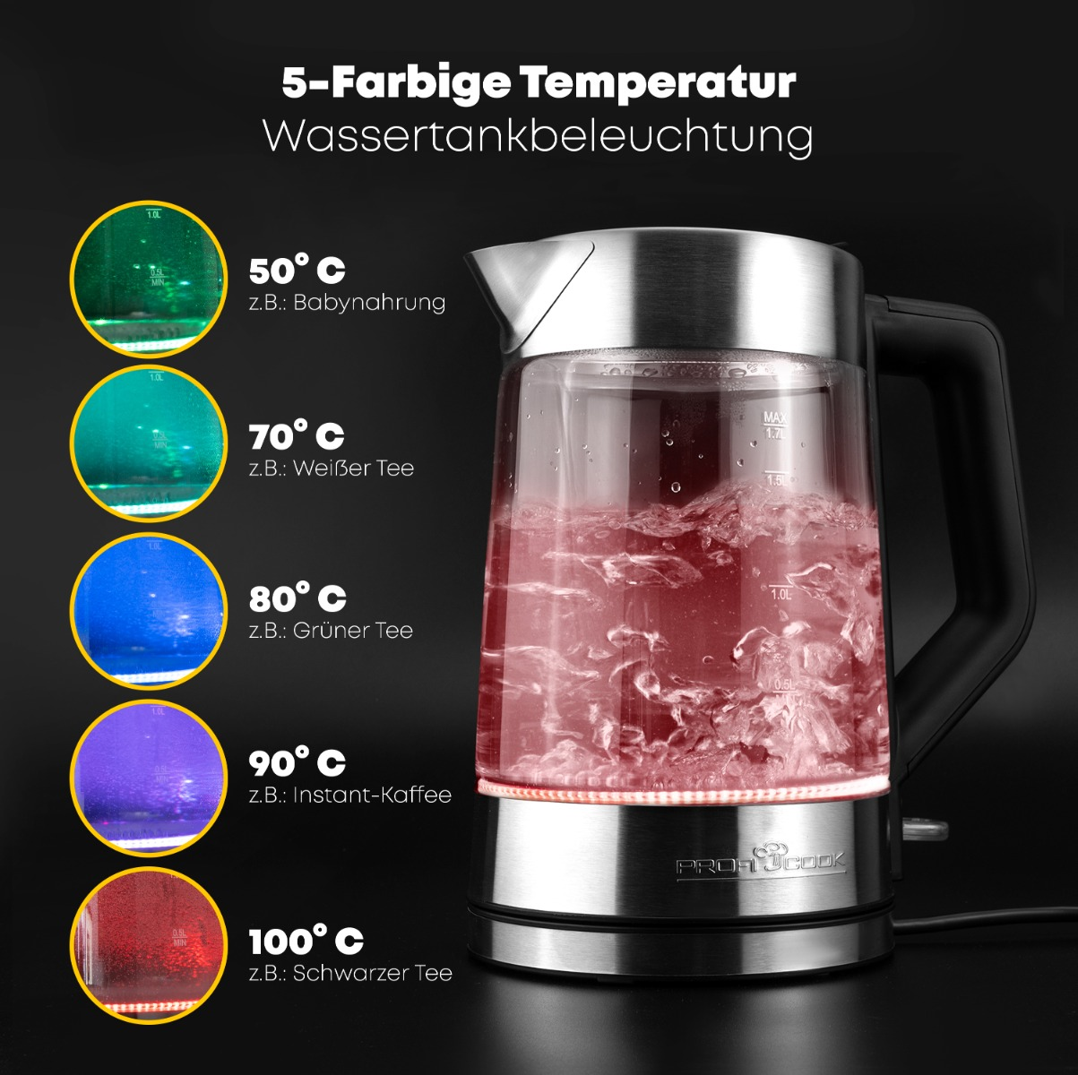 Szklany czajnik z kolorowymi światłami wskazującymi temperaturę wody. Wrząca woda w środku.