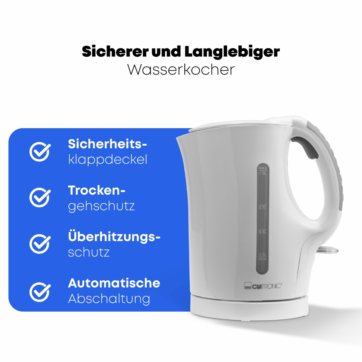 Biały czajnik elektryczny z niebieskim tekstem o bezpieczeństwie i funkcjach na niebieskim tle.