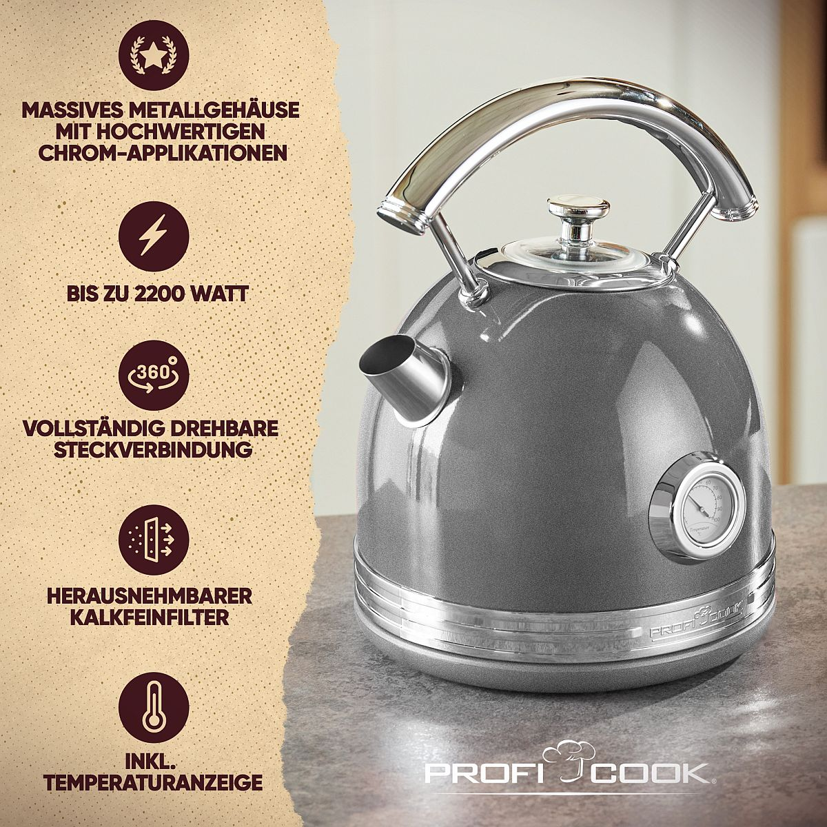 Szary czajnik z wskaźnikiem temperatury i logo Profi Cook.