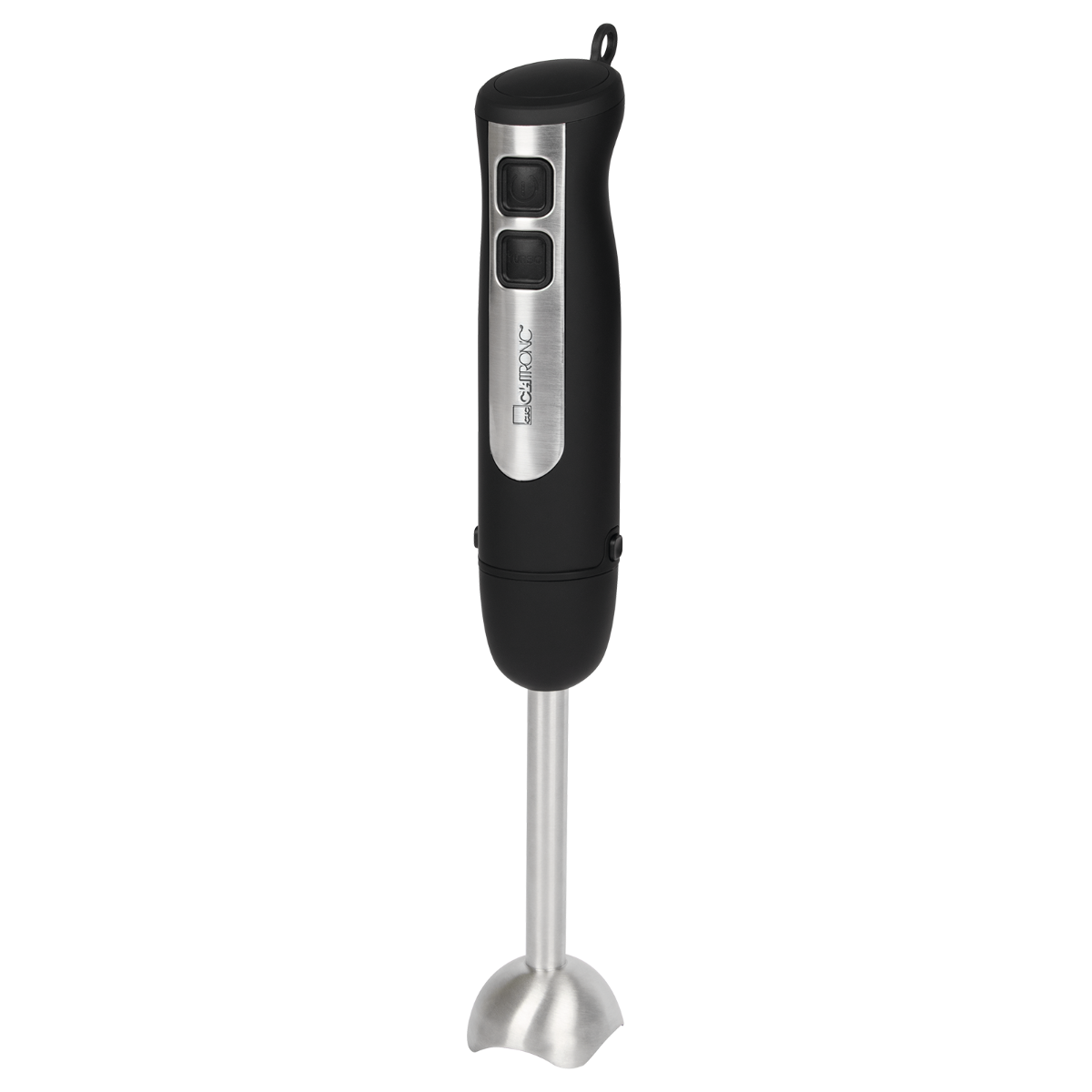 Czarny blender ręczny z dwoma przyciskami. Długi metalowy wał i czarna podstawa.