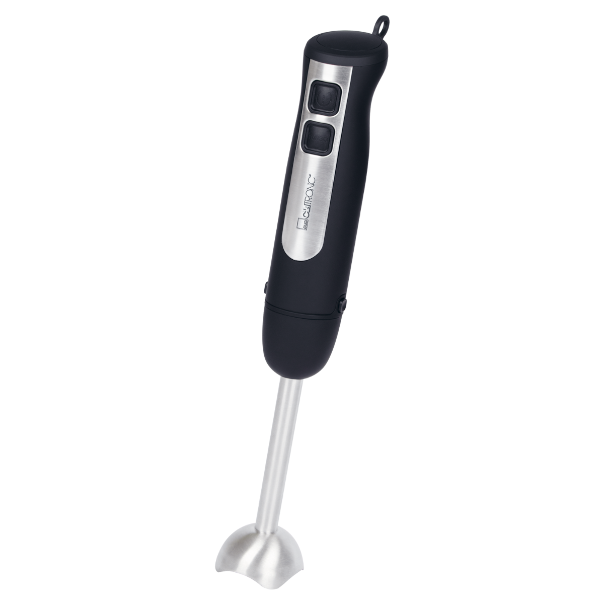 Czarny blender ręczny z dwoma przyciskami i ostrzem ze stali nierdzewnej. Izolowany na czarnym tle.