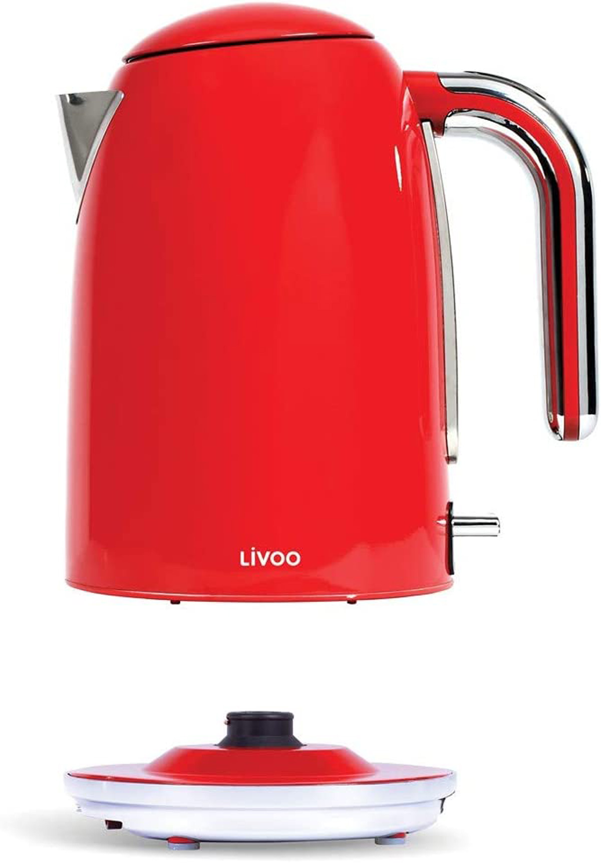 Roter Wasserkocher mit Griff, Sockel abgenommen, auf weißer Oberfläche, mit Markennamen.