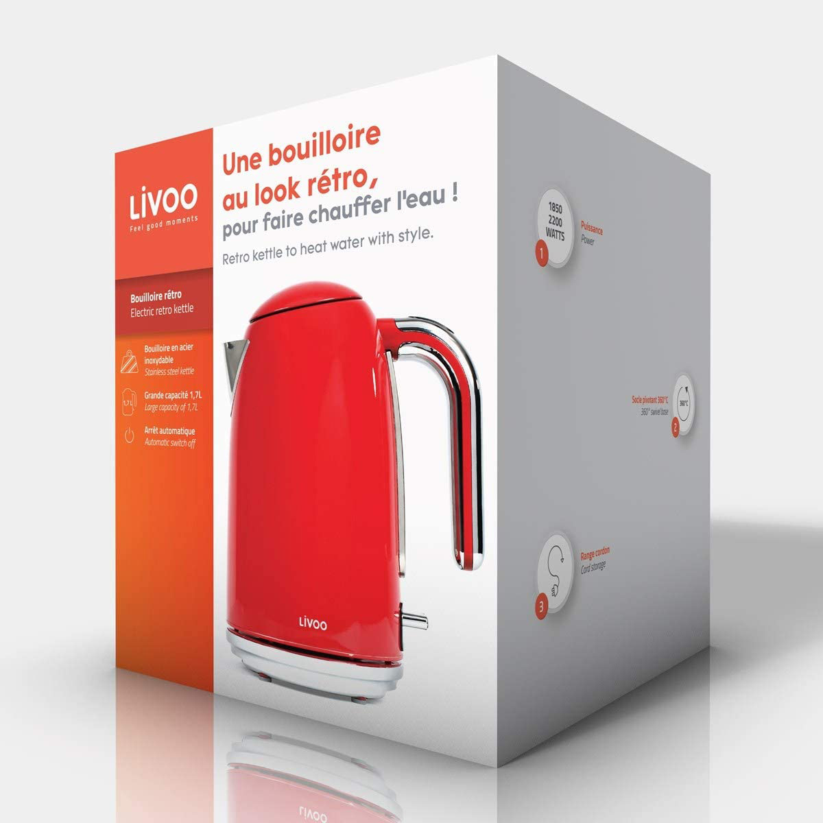 Ein roter Livoo Retro-Wasserkocher auf einer weißen Box mit Details und Schrift.