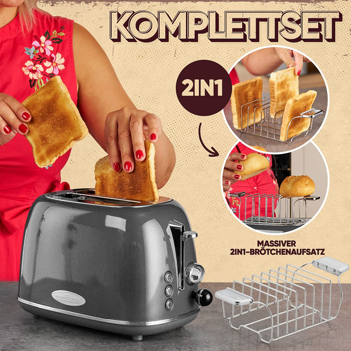 Szary toster z tostami i zestawem do pieczywa. Widoczne dłonie kobiety.