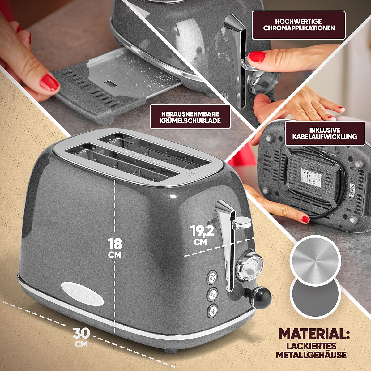 Szary toster ze szczegółowymi widokami i etykietami tekstowymi.